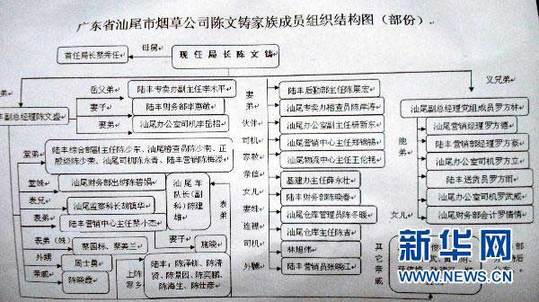 圖為廣東省汕尾市煙草專(zhuān)賣(mài)局局長(zhǎng)陳文鑄家族成員組織結(jié)構(gòu)圖（1月13日攝）。新華社記者 劉大江 攝