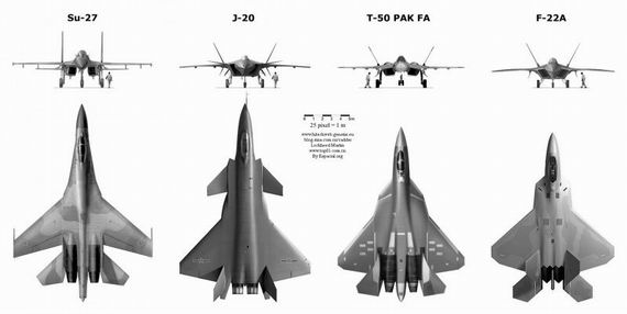 資料圖：殲-20戰(zhàn)機(jī)與蘇-27、T-50、F-22A對比圖。